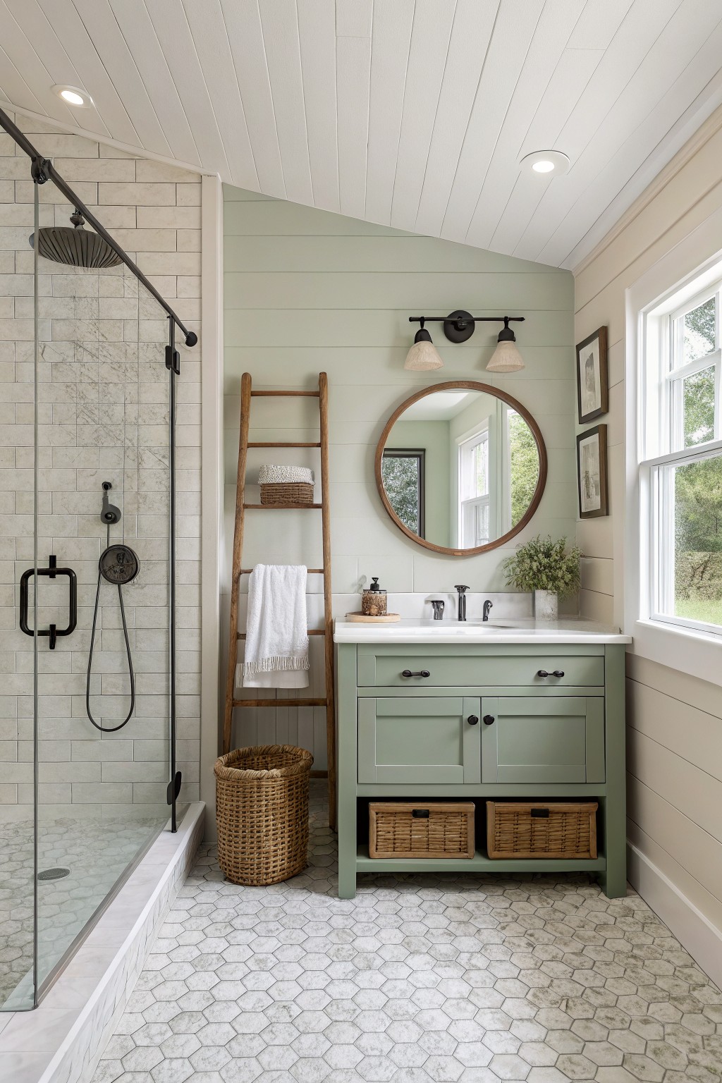A small bathroom with soft sage green walls and a matching painted vanity.