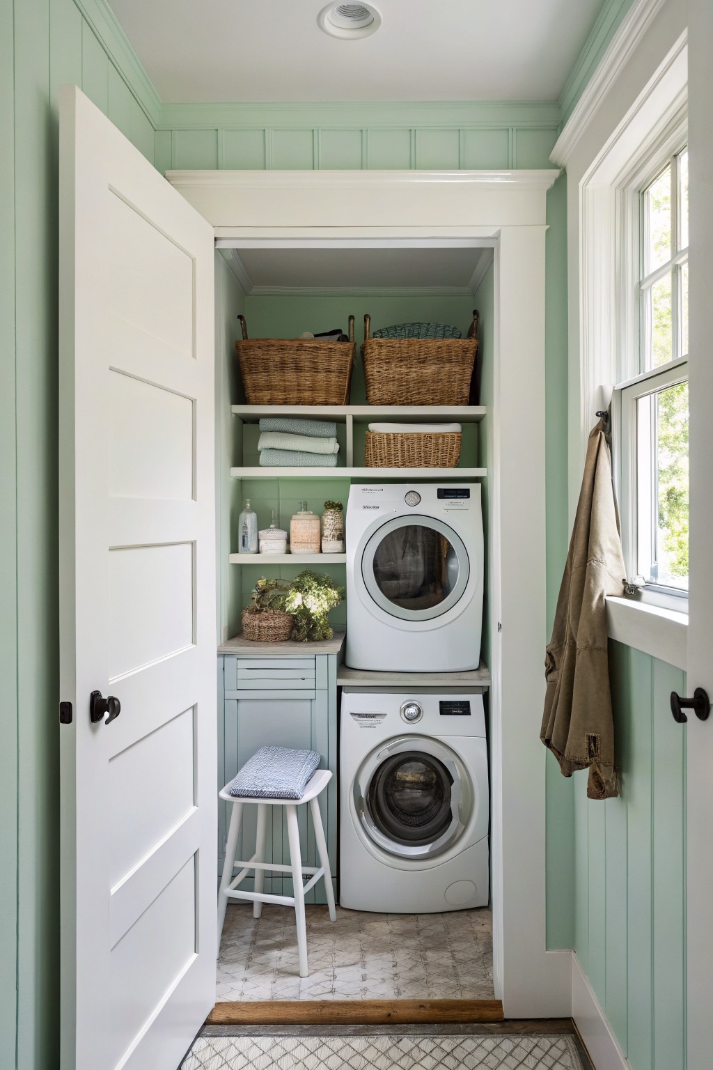 Small utility room with soft sage green walls and white trim.