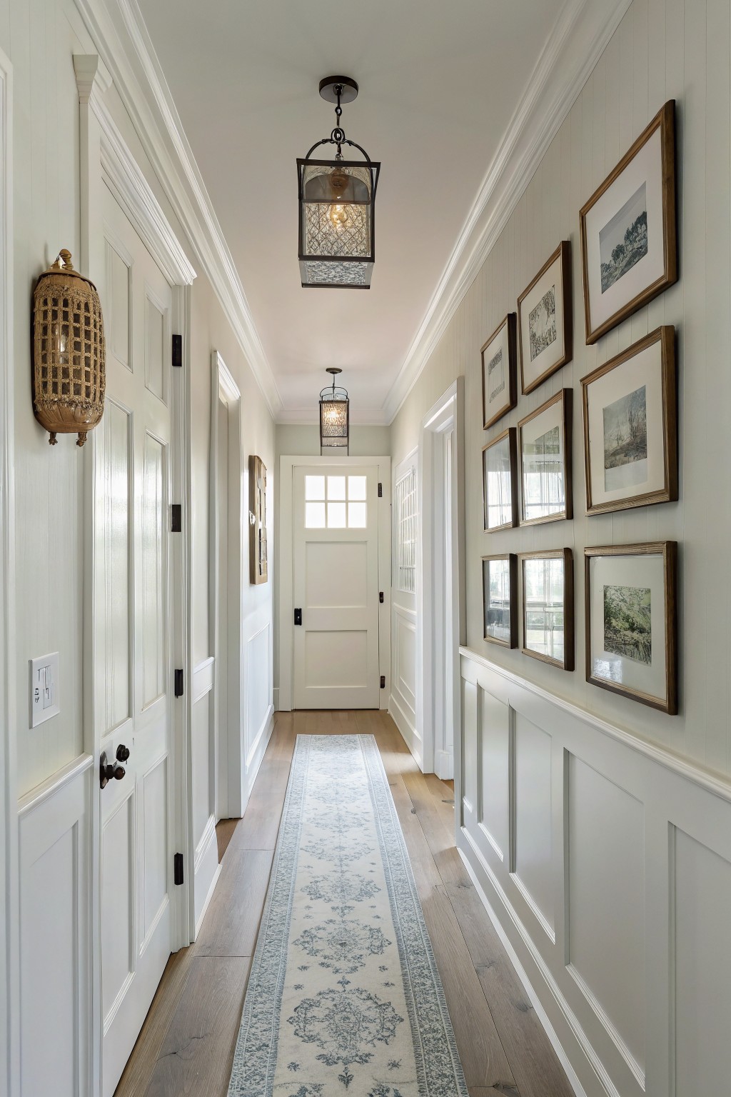 A narrow hallway painted in soft white with white wainscoting and wood flooring.