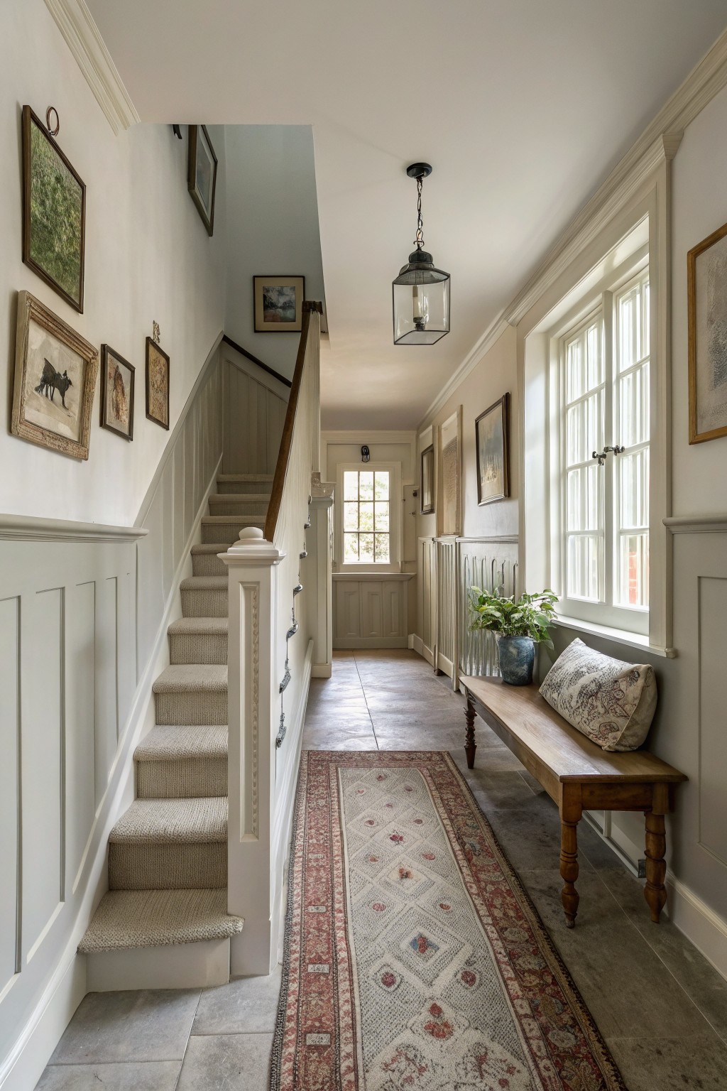 A narrow hallway painted in soft white with white trim and a wooden staircase.