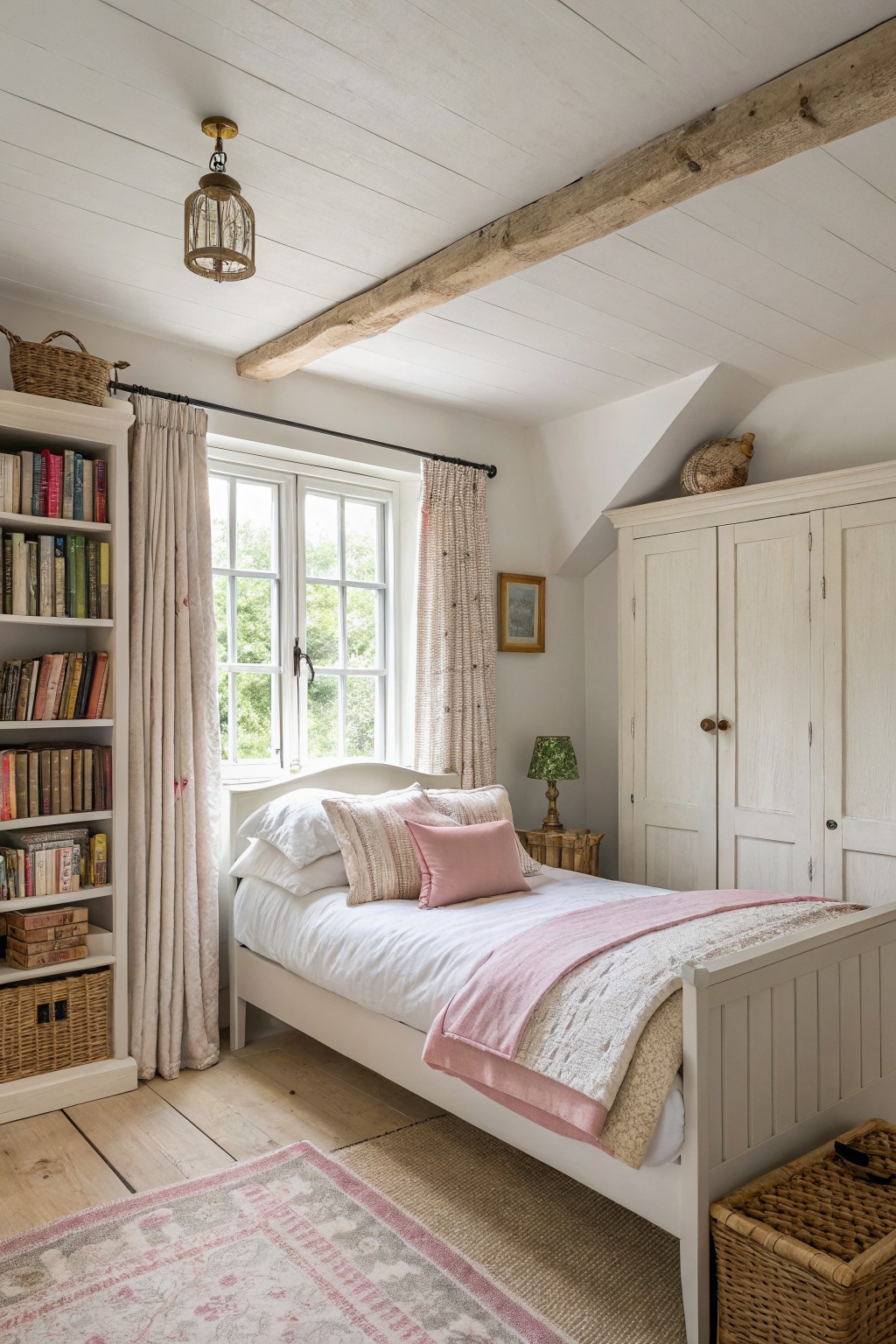 Soft white walls in a small farmhouse bedroom with wood floors and ceiling beams.