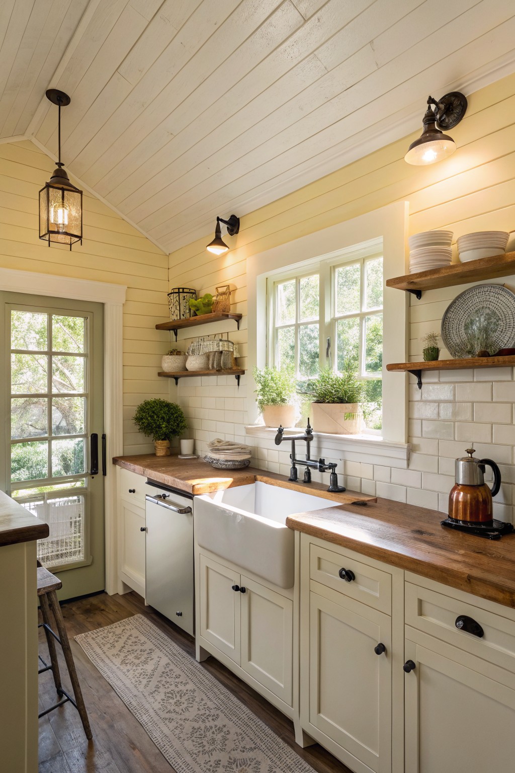 A kitchen with soft yellow walls and white cabinets.
