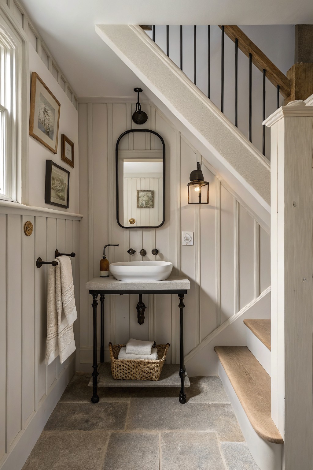A narrow under-stair space painted in soft warm white with vertical paneling.