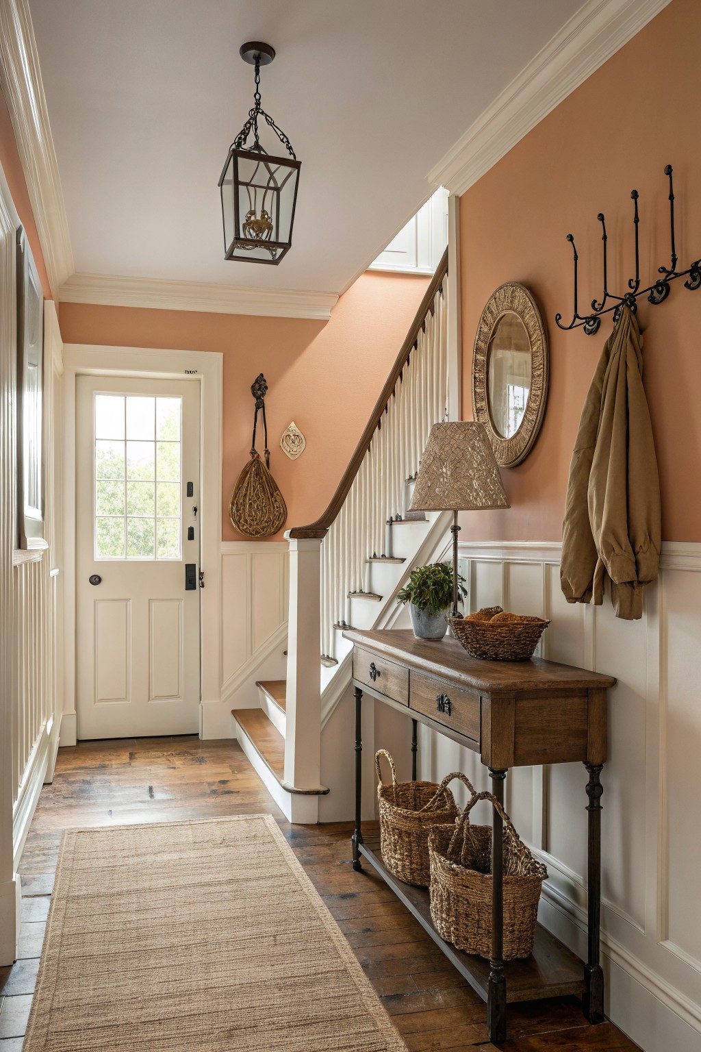 Warm peach walls in a narrow farmhouse hallway with white trim and wood floors.