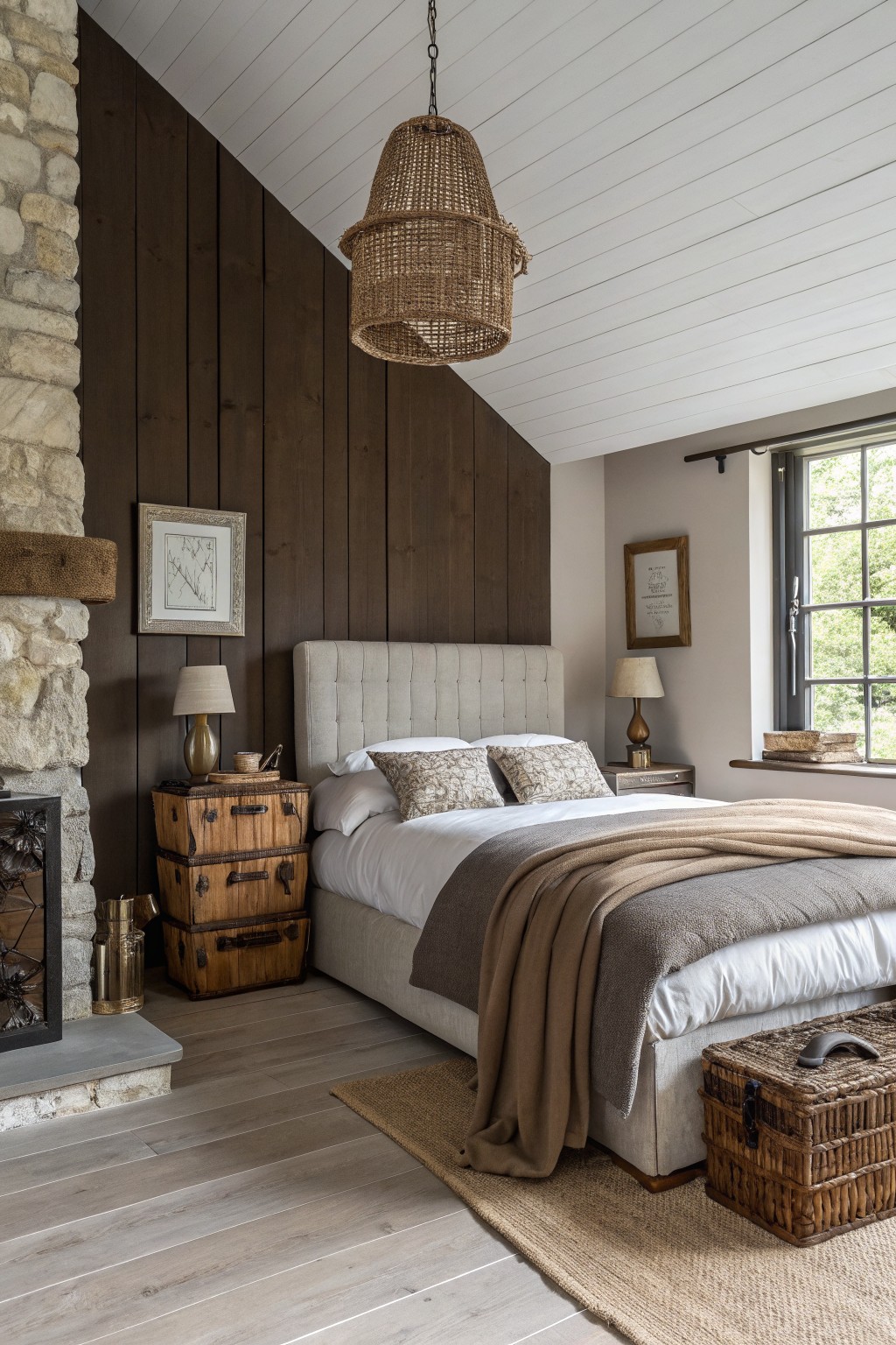 Cozy bedroom with tufted bed, woven pendant light, wooden trunks, and stone fireplace.