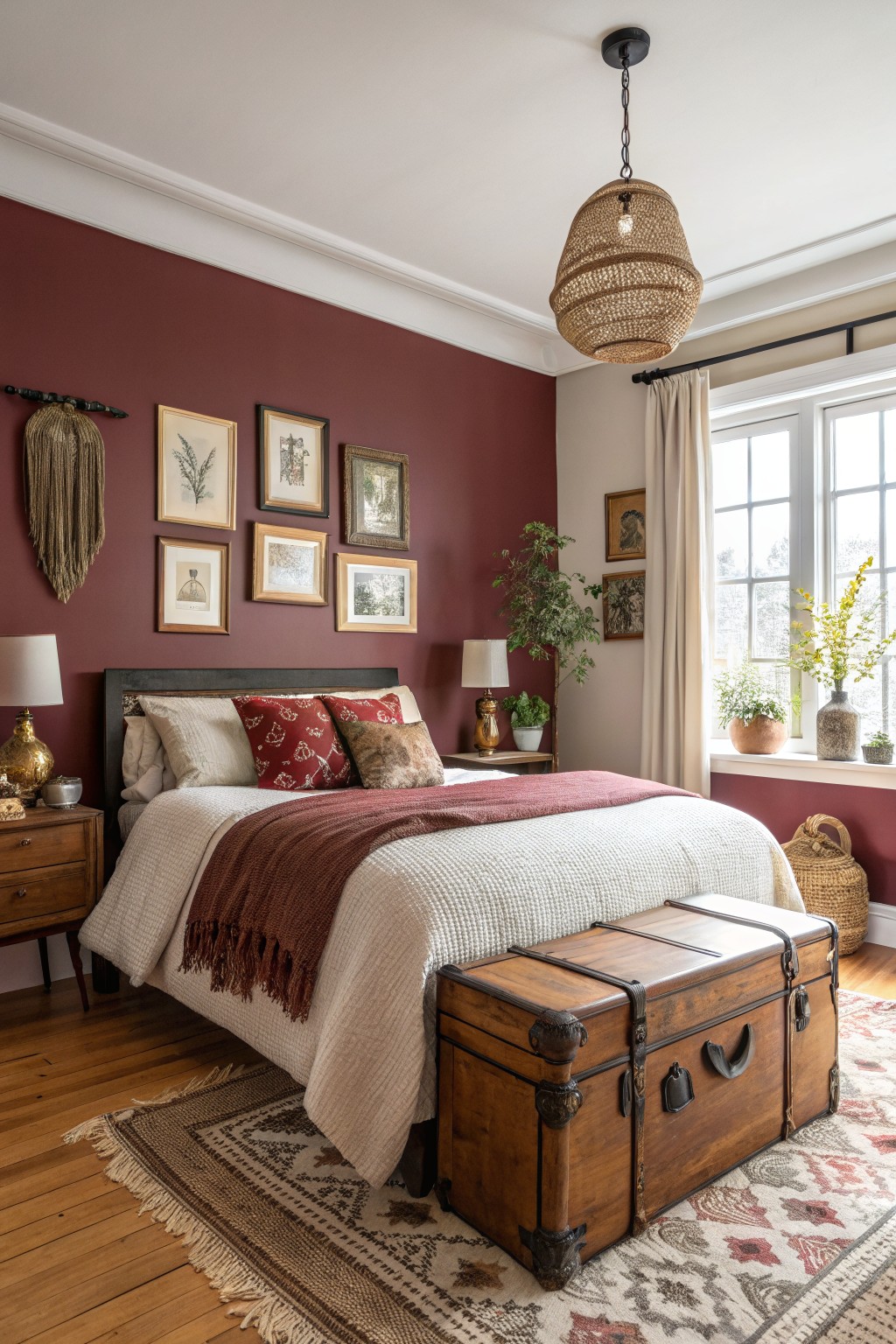 A bedroom featuring a deep burgundy accent wall behind the bed.