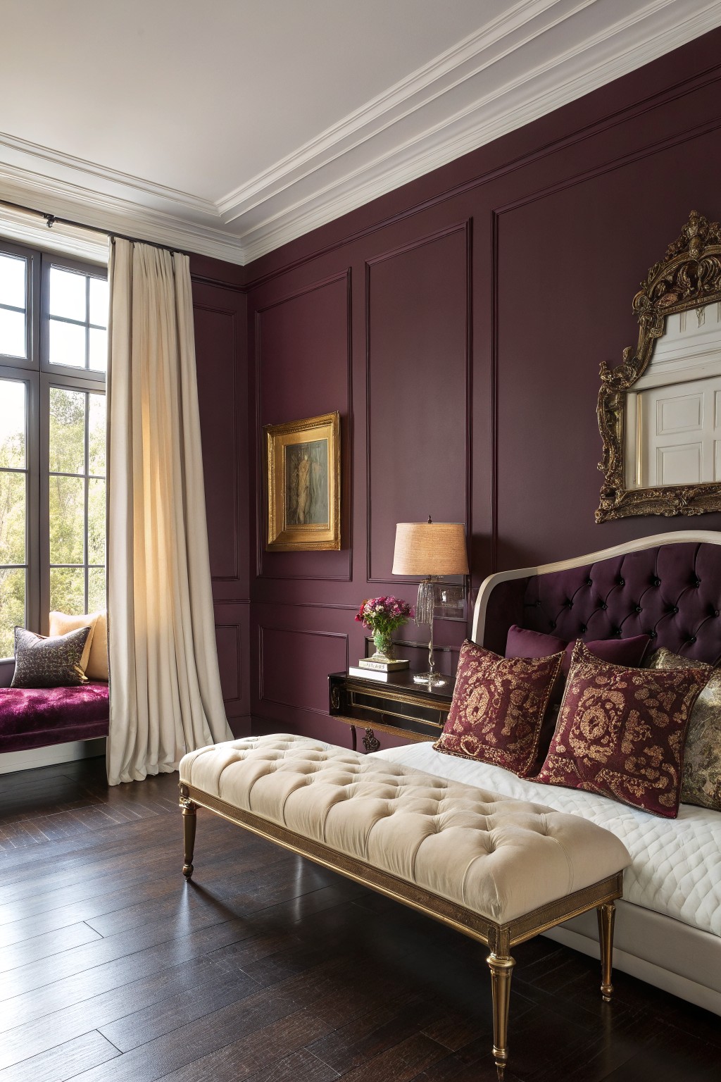 Luxurious bedroom with burgundy walls, tufted velvet bed, cream bench, and gold accents