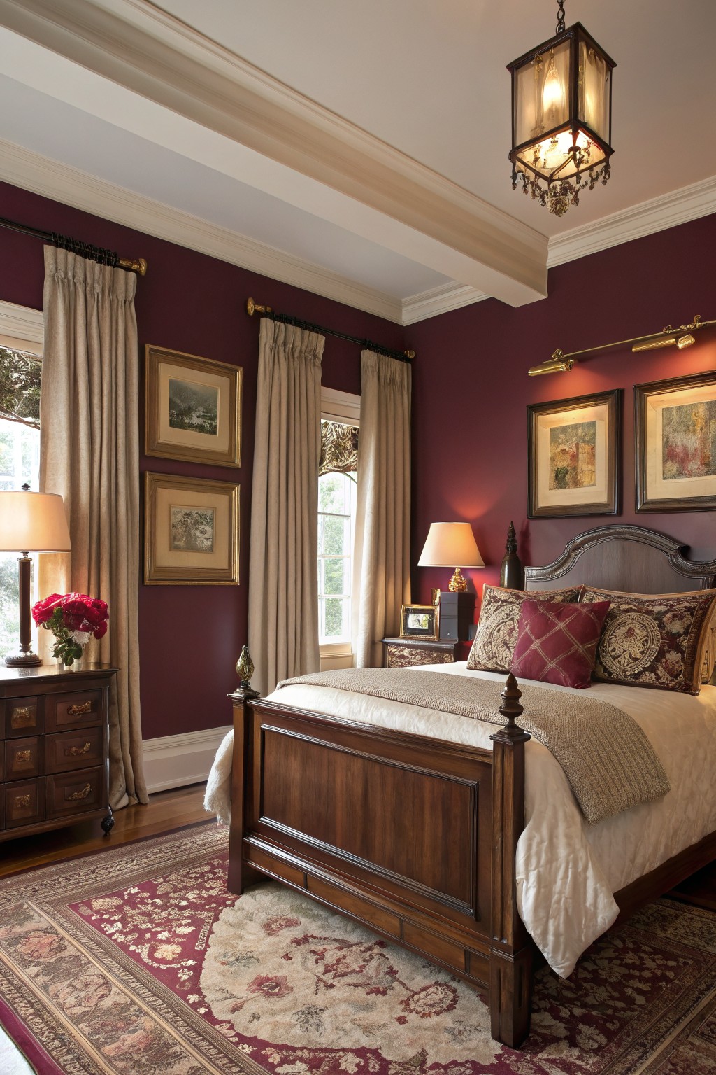 Bedroom with deep burgundy walls and dark wood furniture.