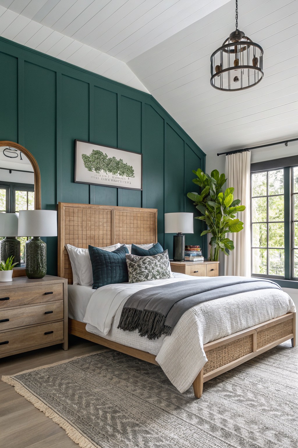 A bedroom with a deep green painted accent wall behind a wooden bed.