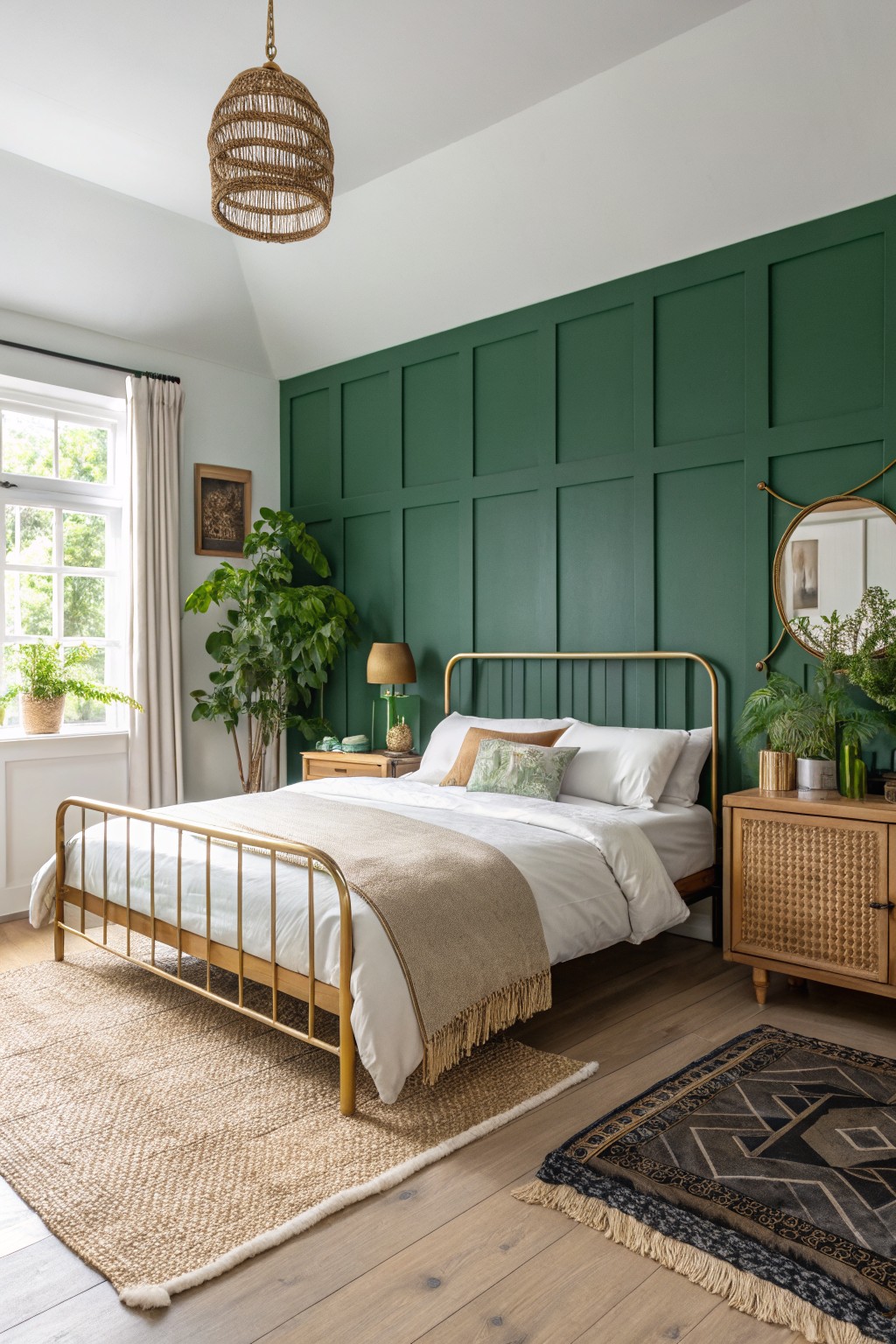 Cozy bedroom with green paneled wall, brass bed frame, woven pendant light, and rugs.