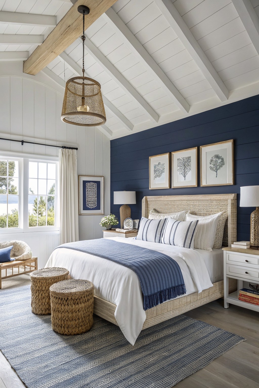 Bright bedroom with blue accent wall, white bedding, woven headboard, and pendant light.