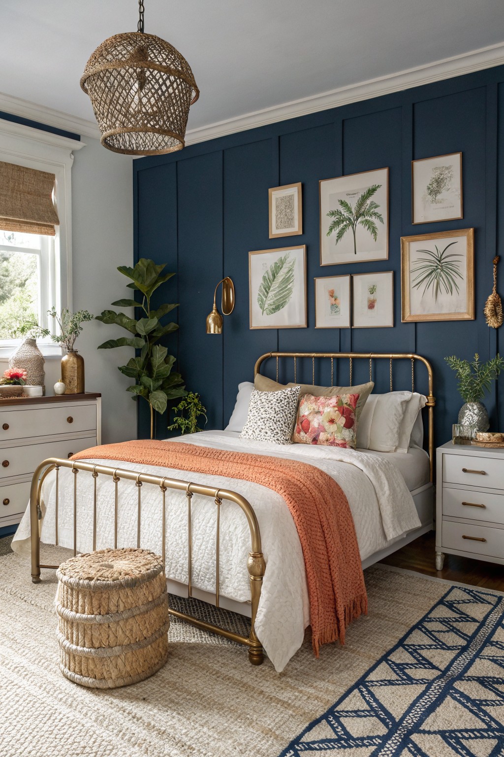 A bedroom featuring deep navy walls behind a brass bed.