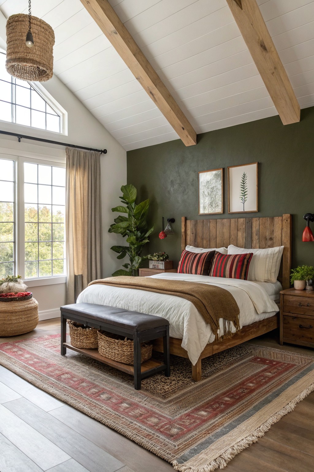 A bedroom featuring a deep olive green accent wall behind a wooden bed.