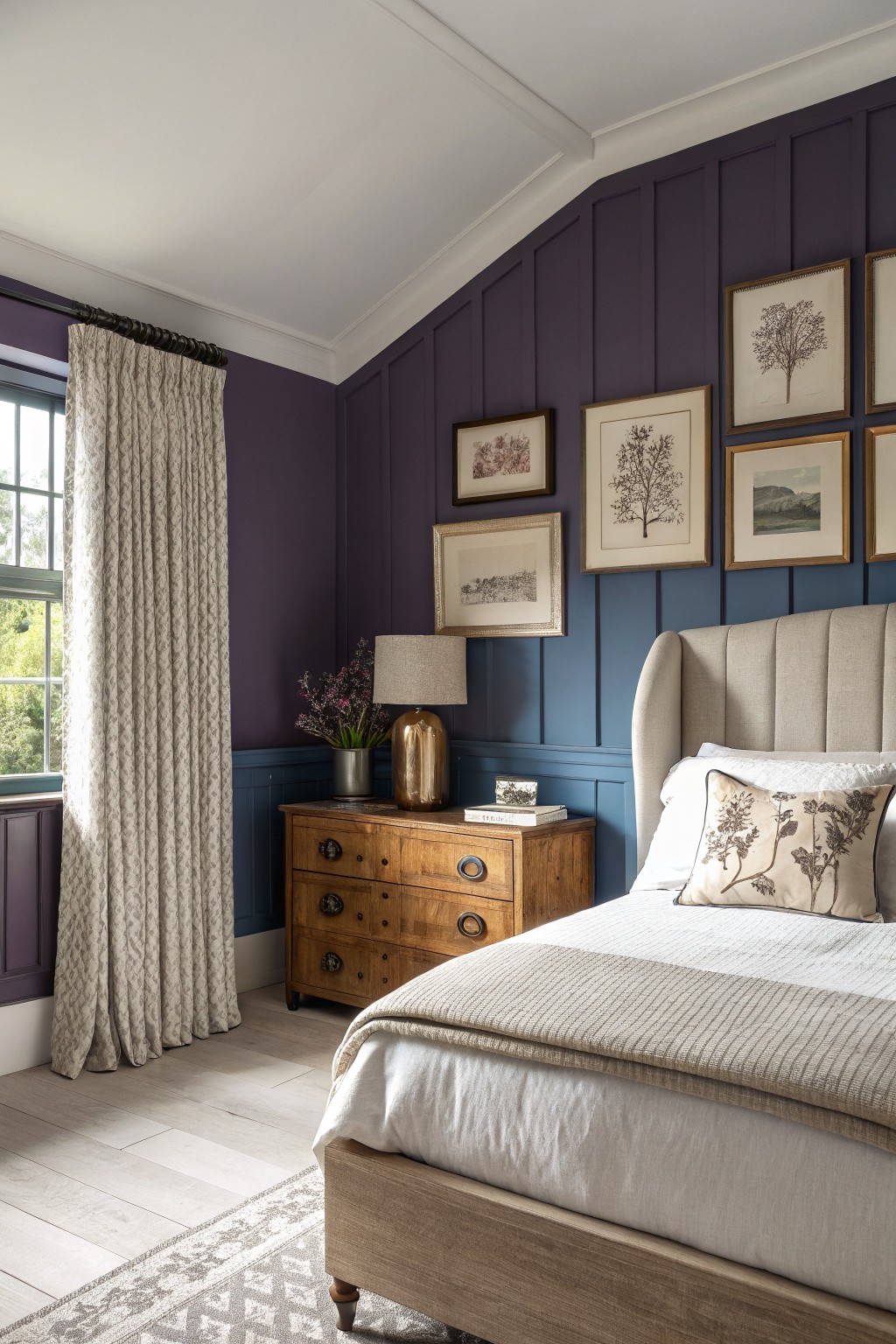 A bedroom featuring deep purple walls above blue wainscoting with a wooden bed frame in front.