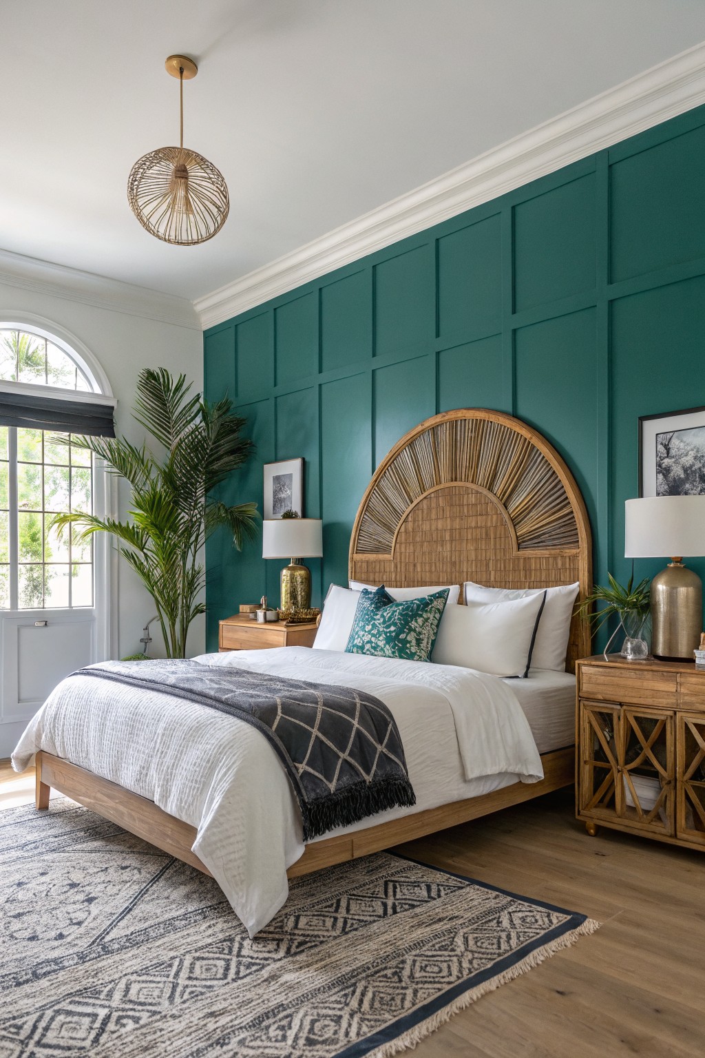 A bedroom featuring a deep teal accent wall behind the bed.