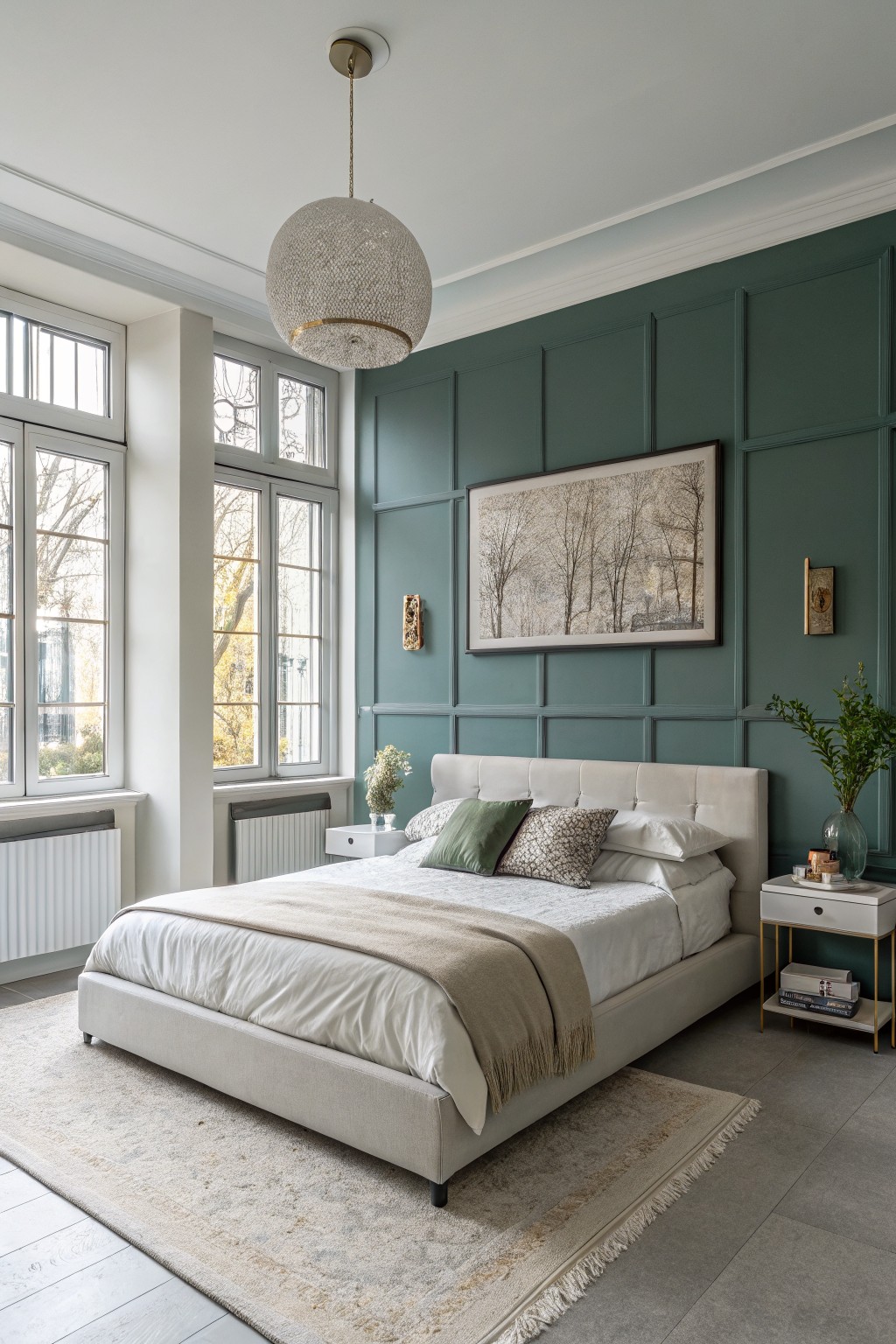 Elegant bedroom with beige bed, teal paneled wall, and spherical pendant light.