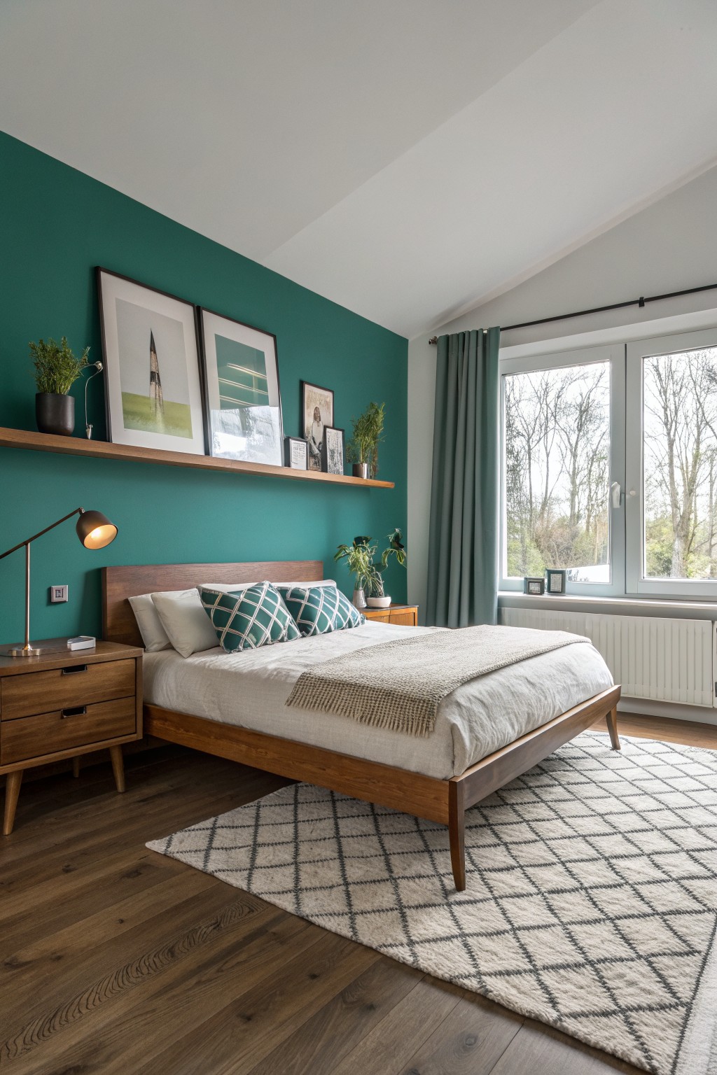 A bedroom with a deep teal accent wall behind a wooden bed.