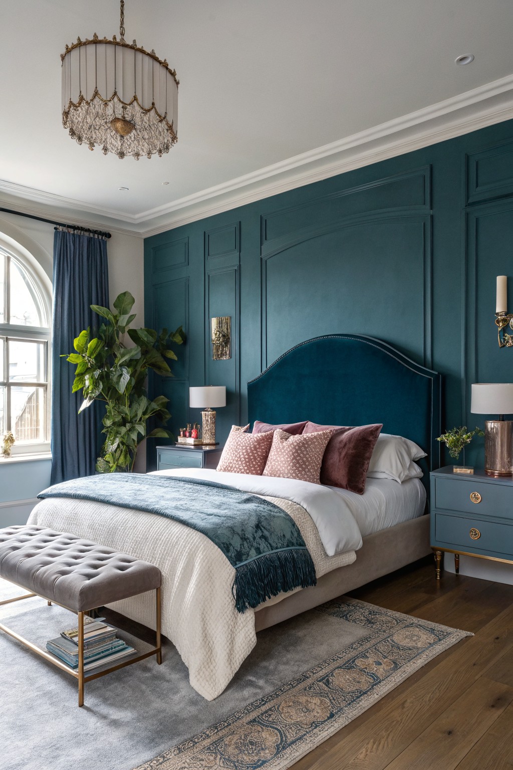 A bedroom featuring deep teal paneled walls behind a large bed.