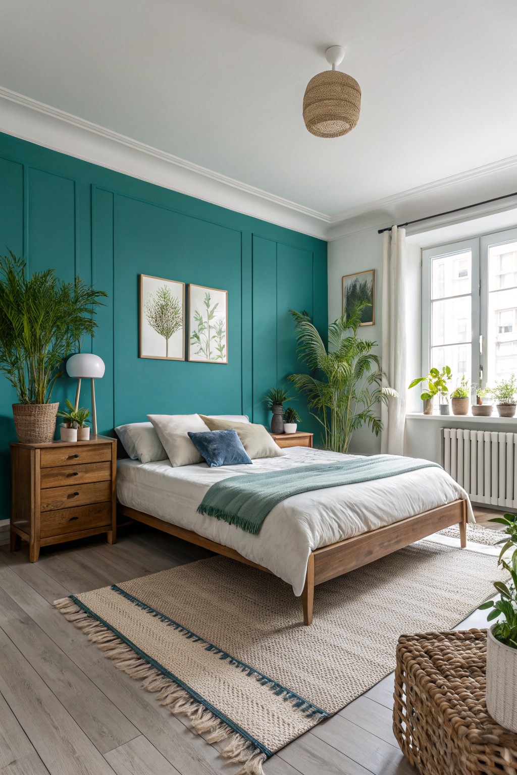 A bedroom with deep teal walls behind a wooden bed.
