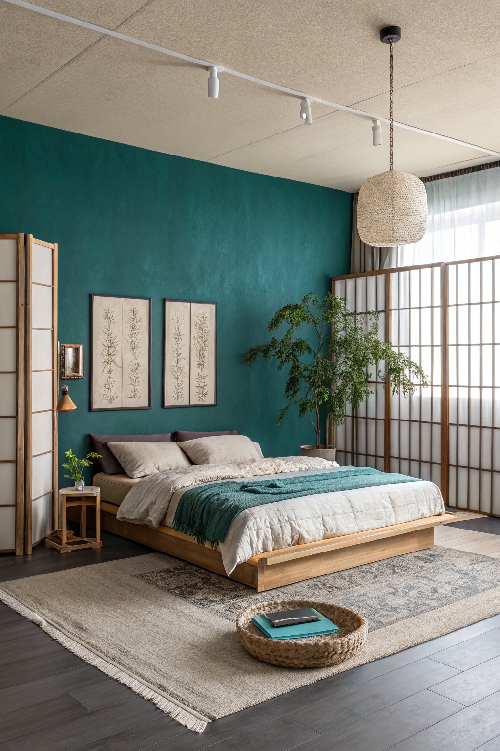 A bedroom with a deep teal accent wall behind a low wooden bed.