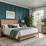 A bedroom with a deep green painted accent wall behind a wooden bed.