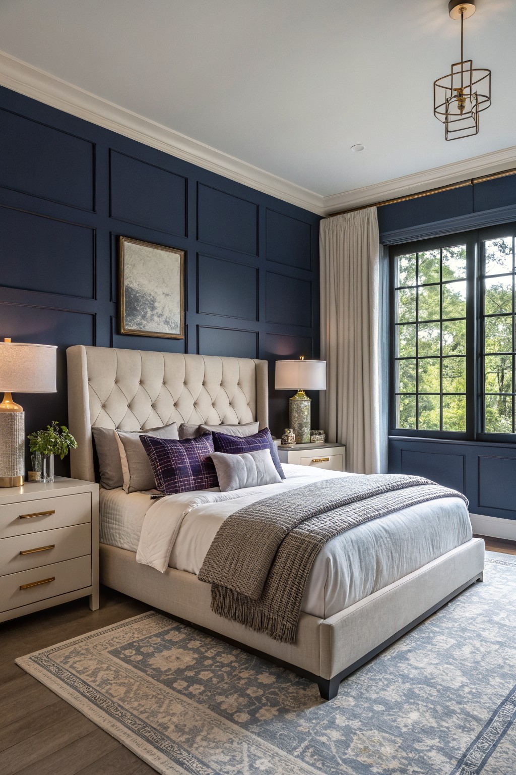 A bedroom with deep navy paneled accent walls behind a bed.