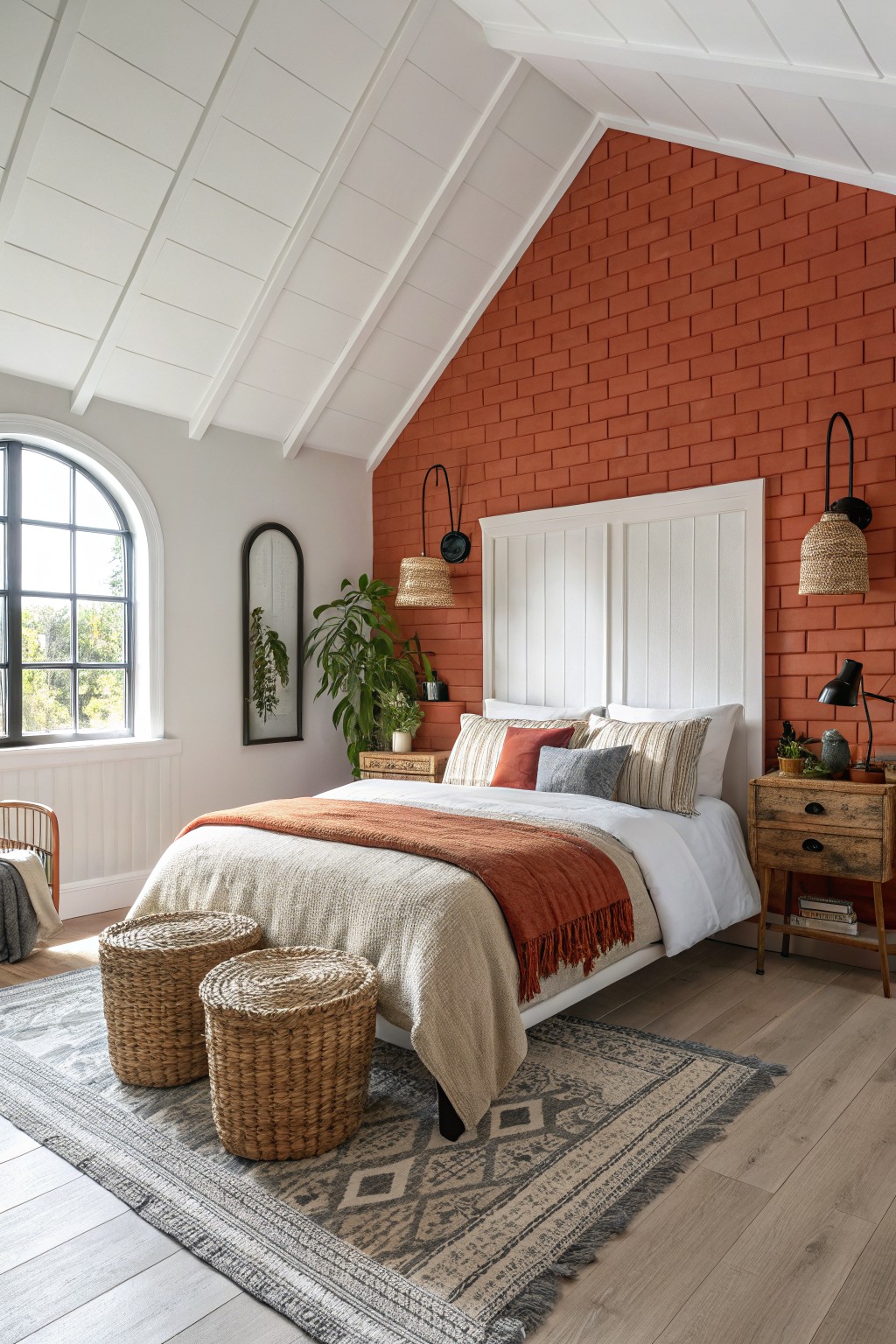 A bedroom featuring a terracotta brick accent wall behind a bed with white bedding.