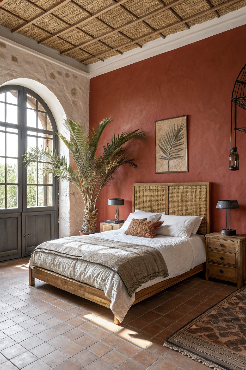 Rustic bedroom with terracotta walls, wooden bed, woven headboard, and potted palm