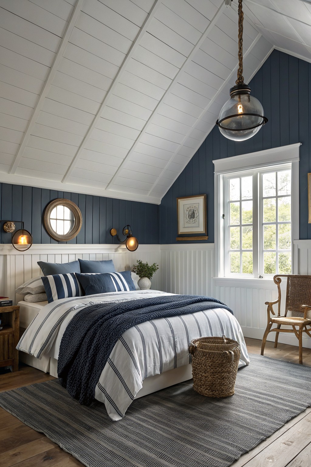 Bedroom walls painted in a deep navy blue with white trim.