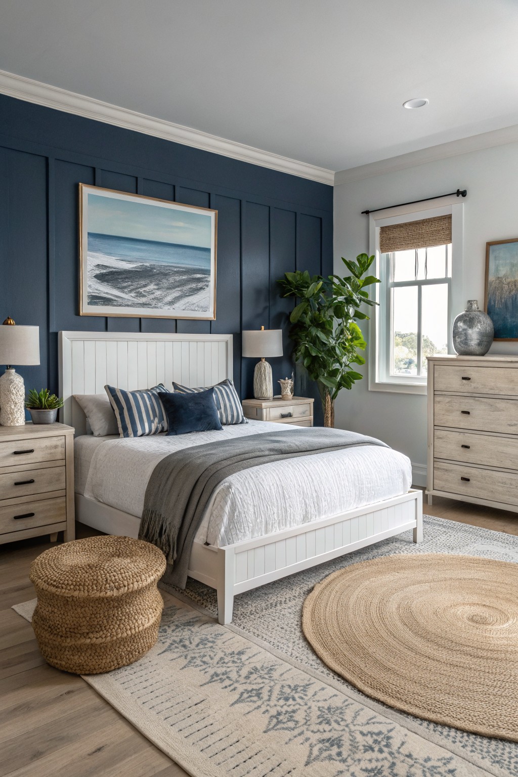 Deep navy walls in a bedroom with white trim and wood flooring.