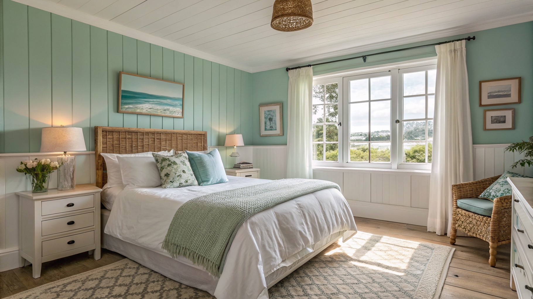 Light blue green walls in a bedroom with white trim and wood accents.