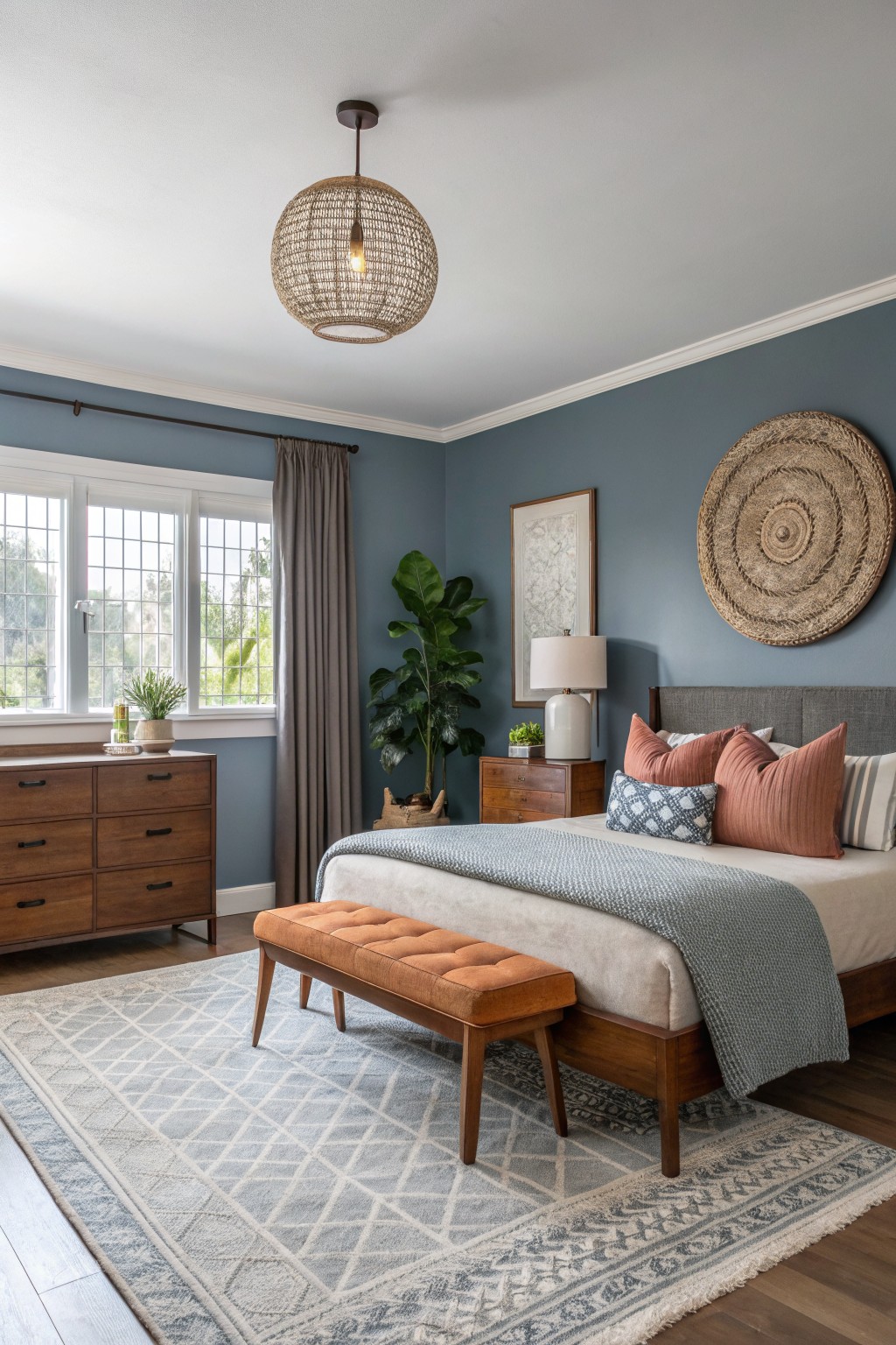 Bedroom with soft blue gray walls and wooden furniture.