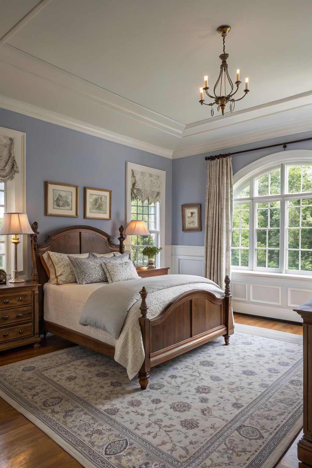 Elegant bedroom with wooden bed, blue walls, chandelier, and large arched window