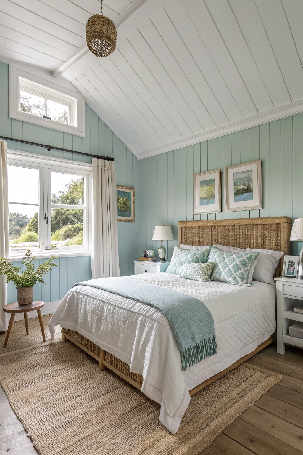 Light blue green walls in a bedroom with white trim and wood accents.