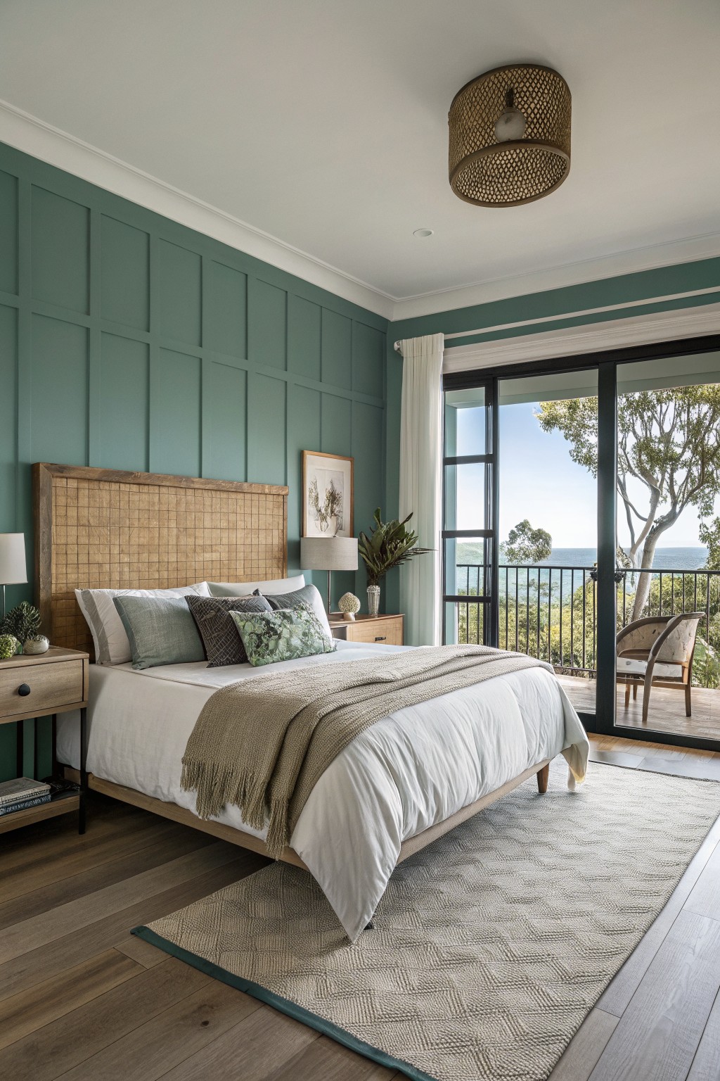 A bedroom with muted teal paneled walls and wood accents.