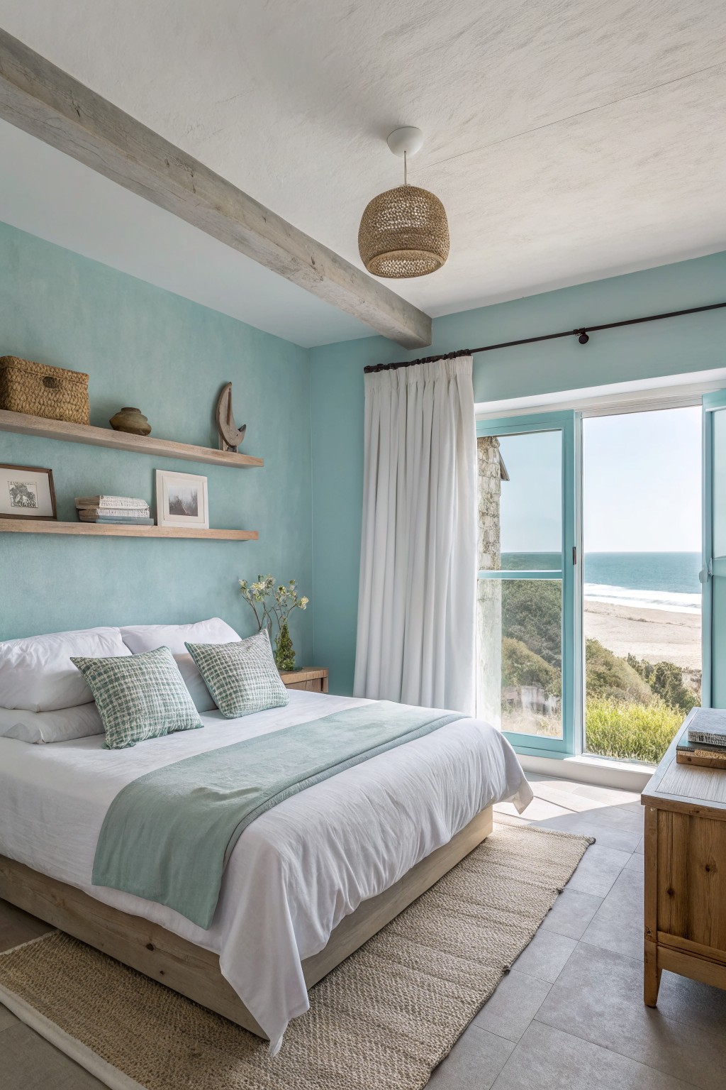 Bedroom with soft aqua walls and ocean view.