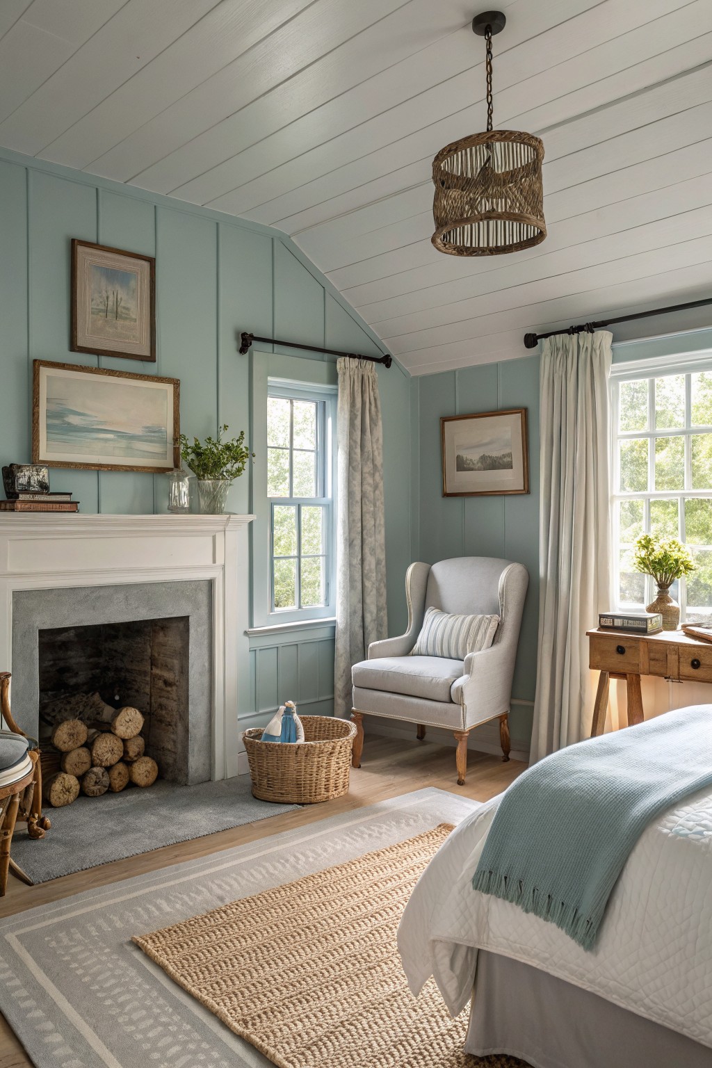 A bedroom with soft blue walls and white trim.