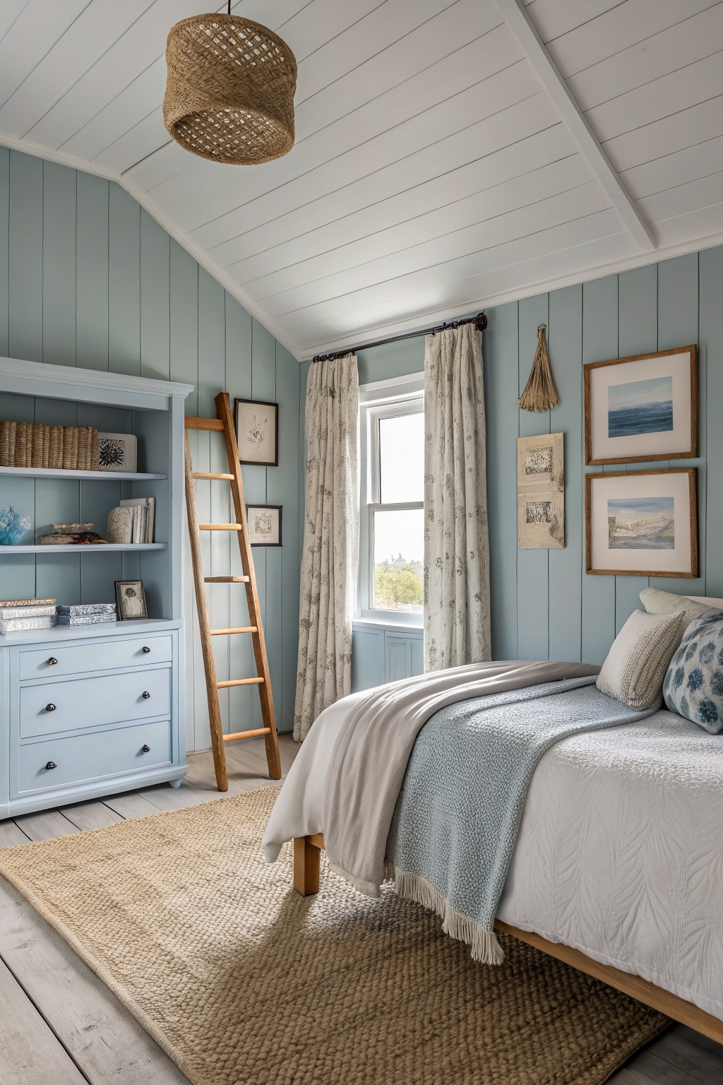 A bedroom with soft blue walls and white trim.
