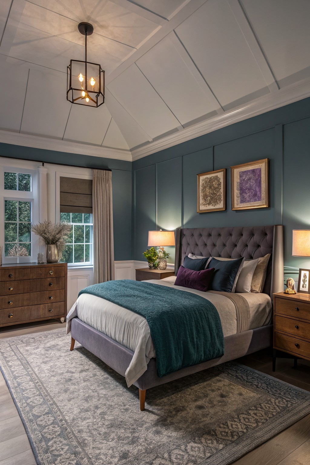 Bedroom walls painted in a soft blue gray.