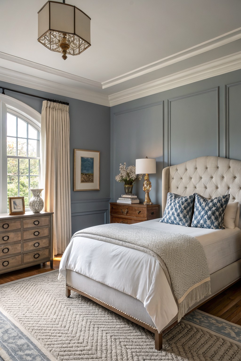 Bedroom walls painted in a soft blue gray with white trim and wood flooring.