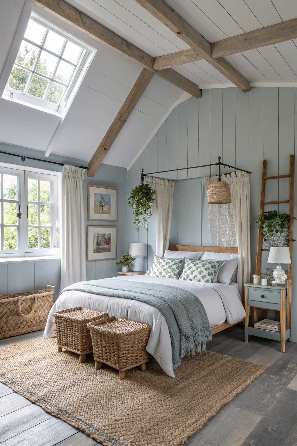 A bedroom with soft blue gray walls and exposed wood beams.