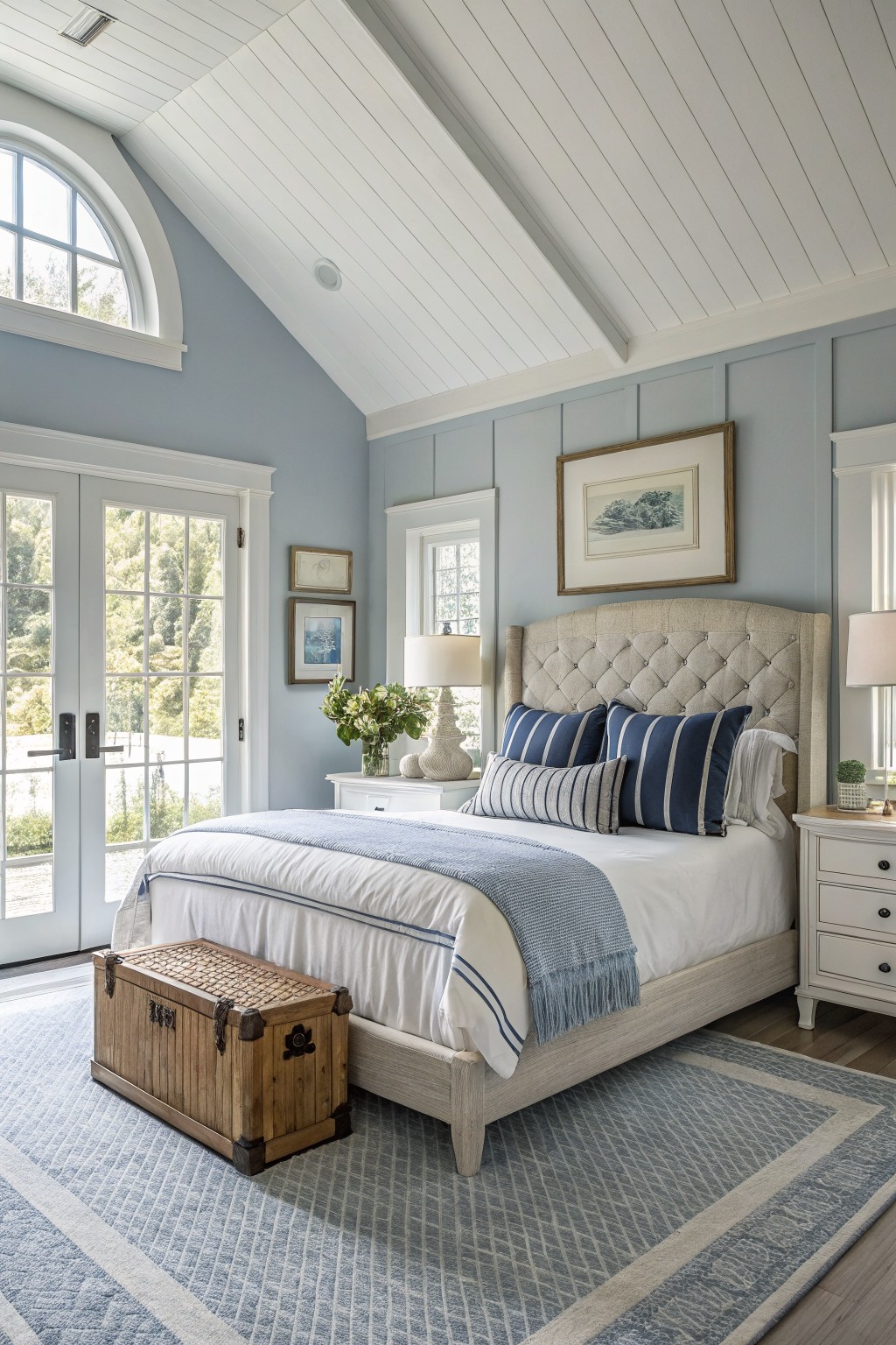 Light blue gray walls in a bedroom with white trim and tall ceilings.