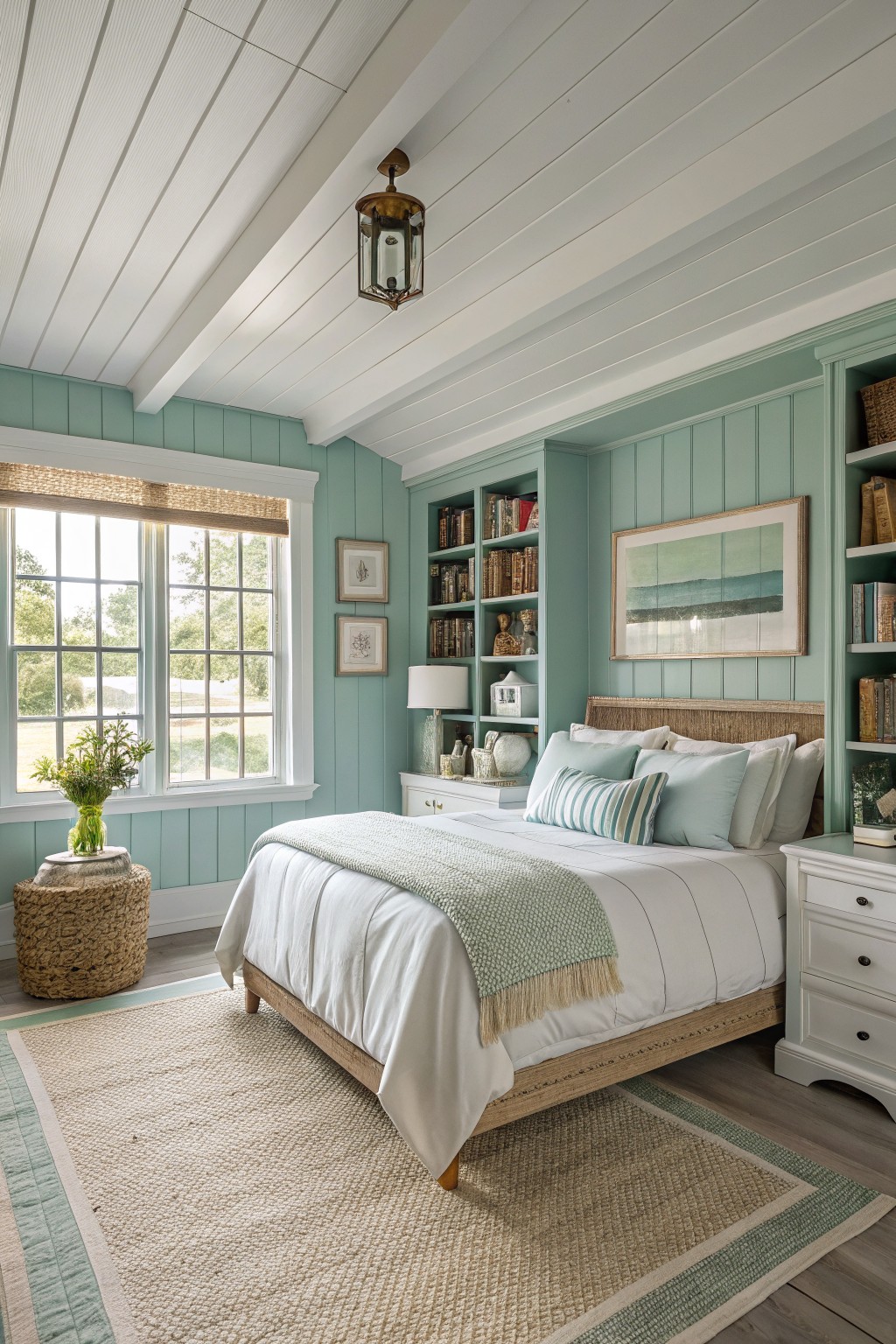 Bedroom walls painted in a soft blue green with built-in bookcases and white trim.