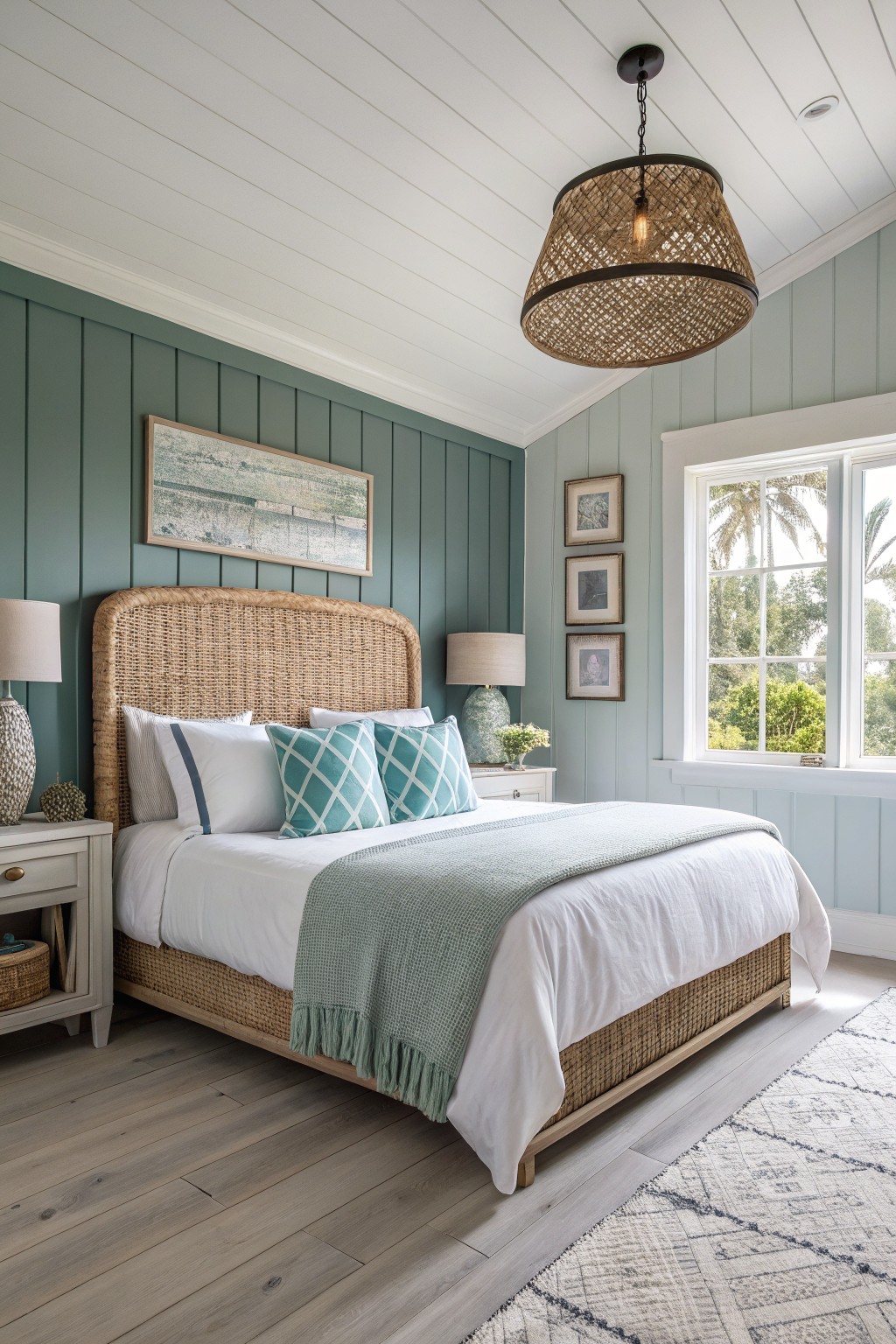 Bedroom with soft blue green walls and white trim.