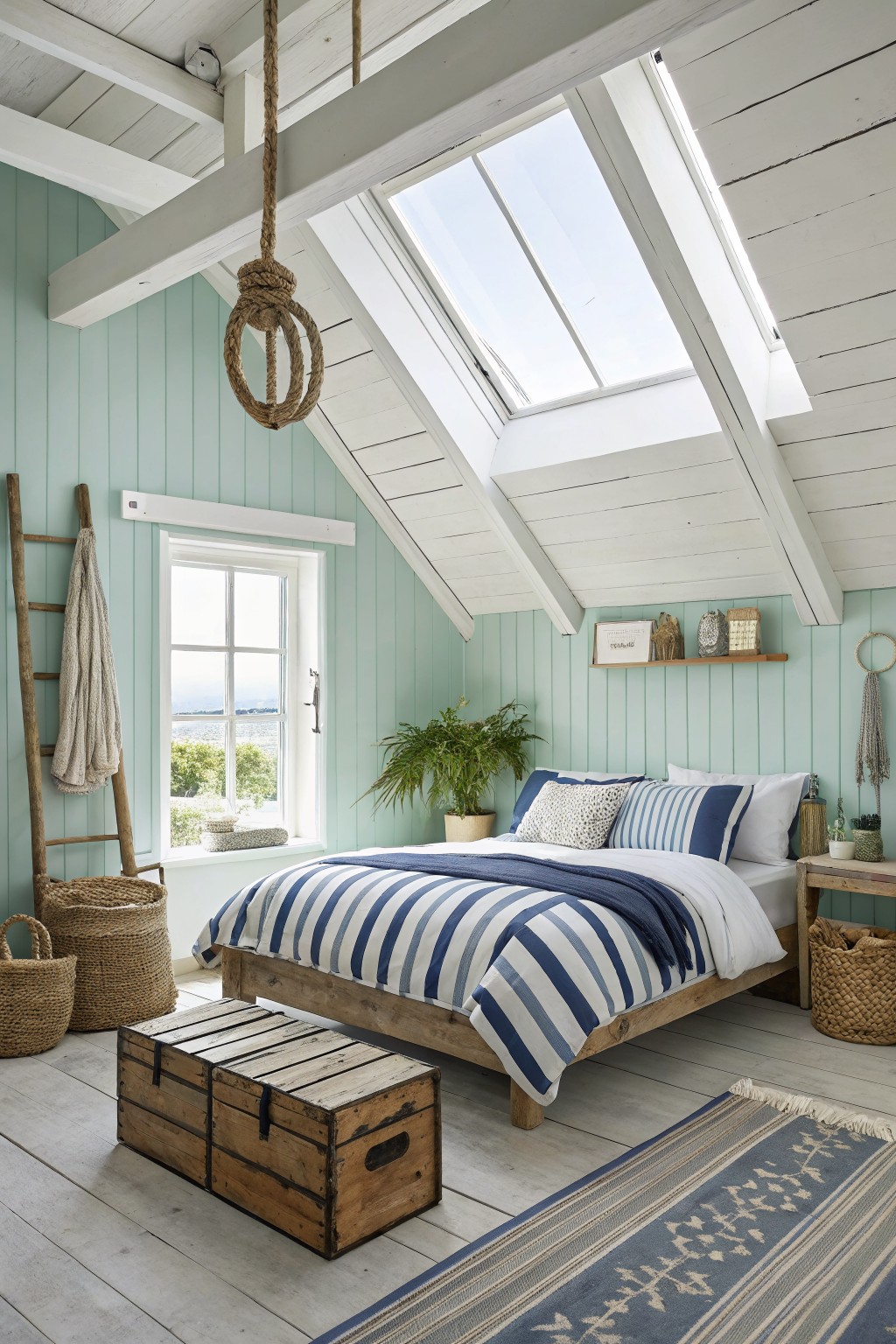 A bedroom with soft blue green walls, white trim, and a wooden bed under a skylight.