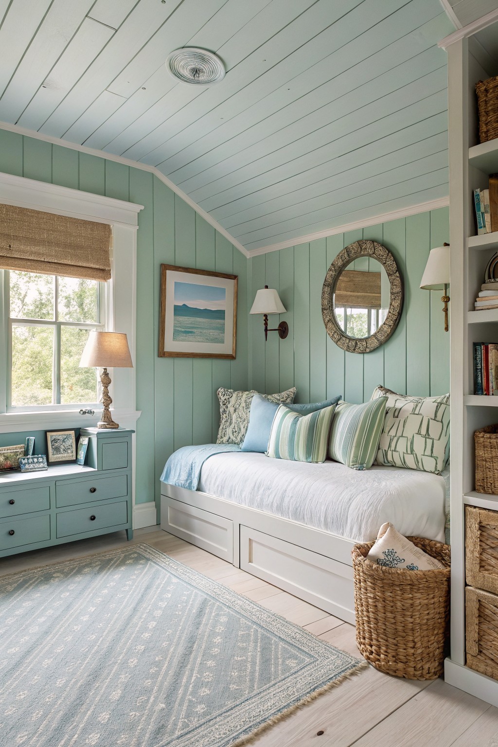 Light blue green walls in a bedroom with white trim and wood flooring.