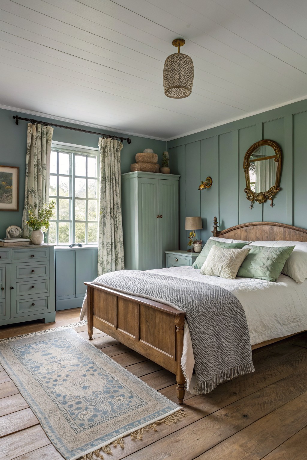 Bedroom with soft blue green walls and wood furniture.