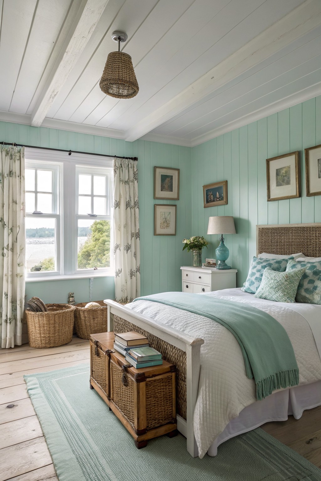 Pale blue green walls in a bedroom with white trim and wood floors.