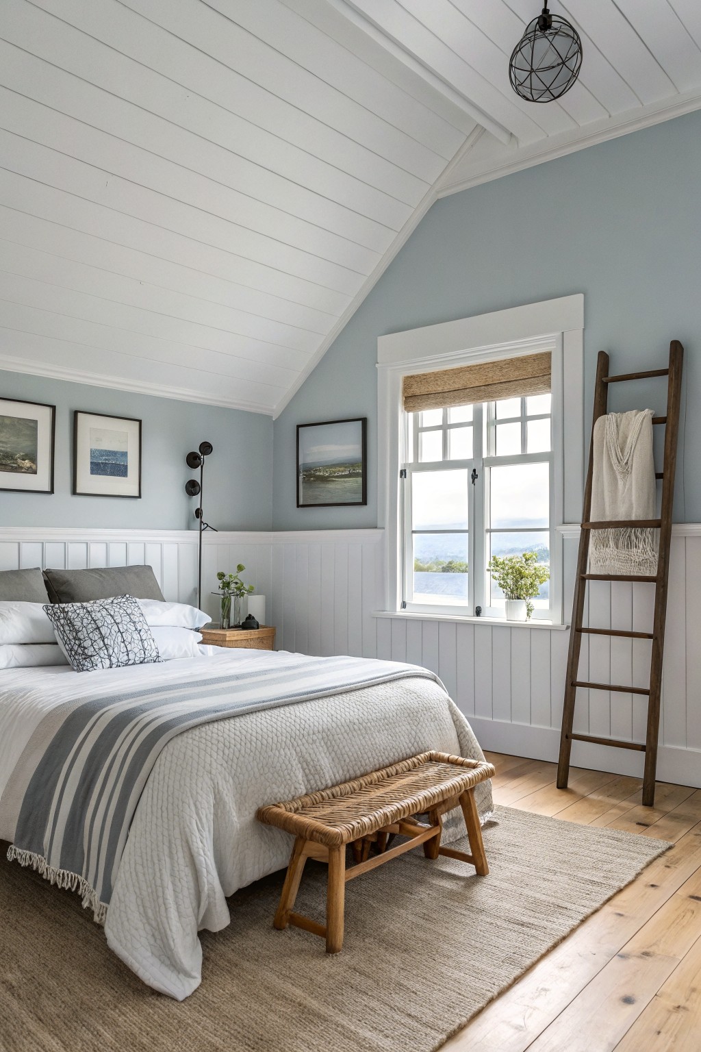 A bedroom with soft blue-gray walls and white trim.