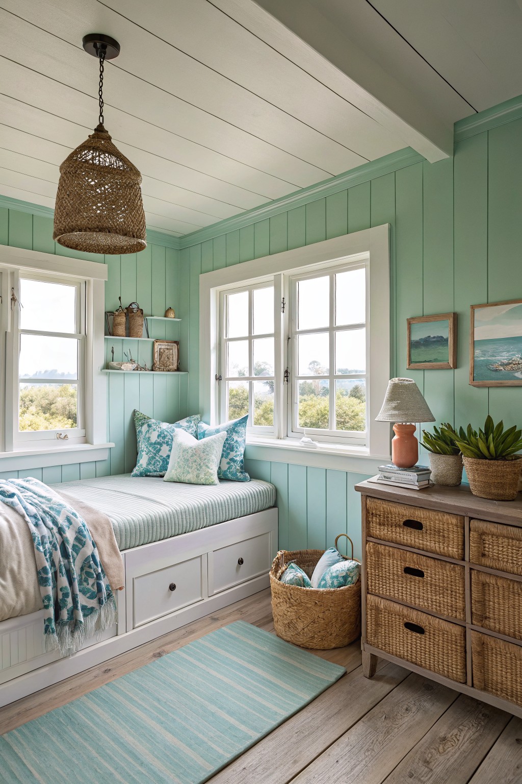 Soft blue-green walls in a bedroom with white trim and a built-in daybed.